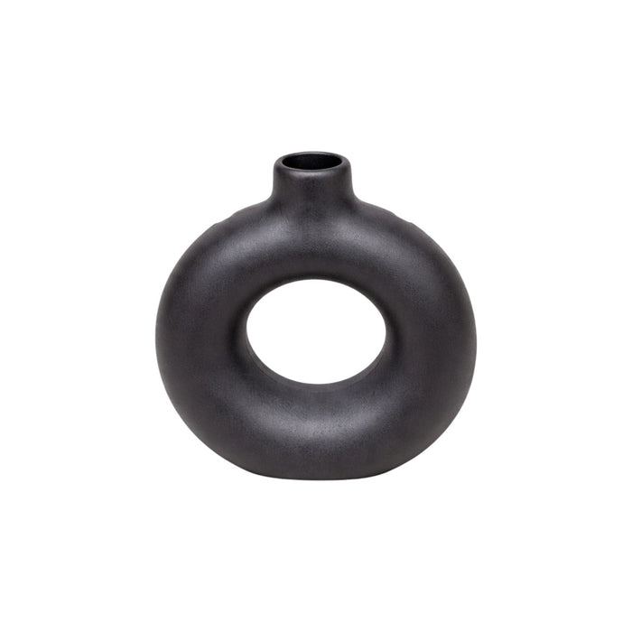 Black ceramic Frankly Cotton sculptural ring vase with smooth, modern design, displayed against a white background.
