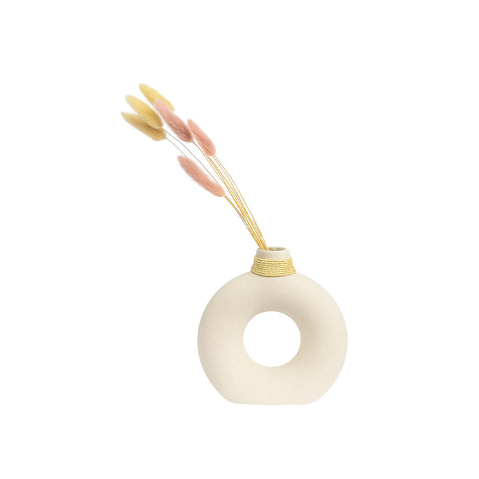 White ceramic round vase with textured surface and twine neck from Nest & Stem Homewares, perfect for home decor.