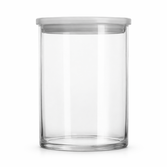 Clear glass storage jar with a white lid, 950ml capacity, by Nest & Stem Homewares, perfect for kitchen organization.