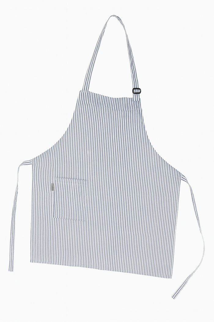 Nest & Stem Homewares Frankly Cotton Green and White Classic Stripe Apron with adjustable neck and waist ties, on white background.
