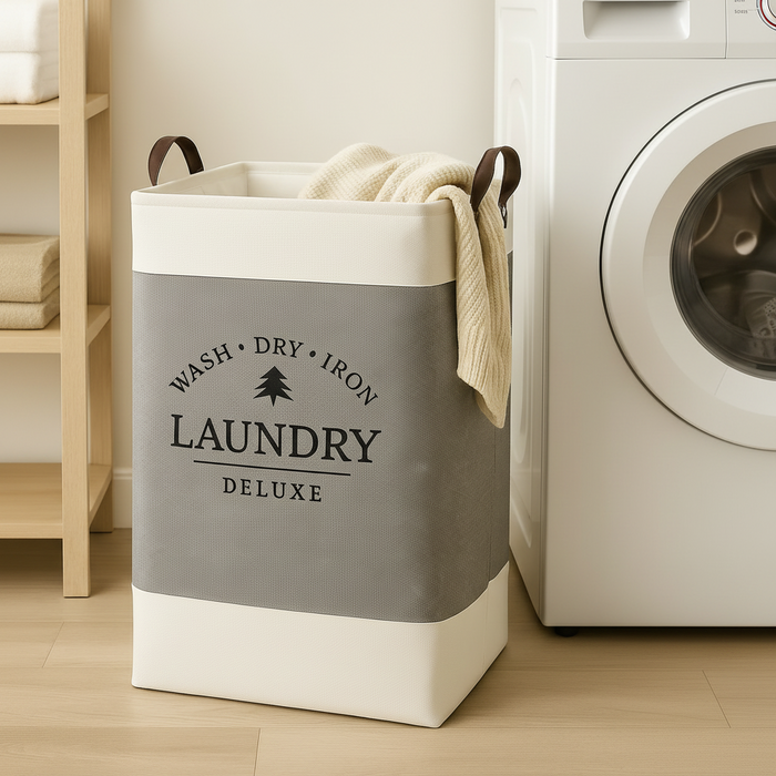 Grey and white Frankly Cotton Laundry Deluxe Hamper with handles by Nest & Stem Homewares, showing a spacious fabric laundry basket.
