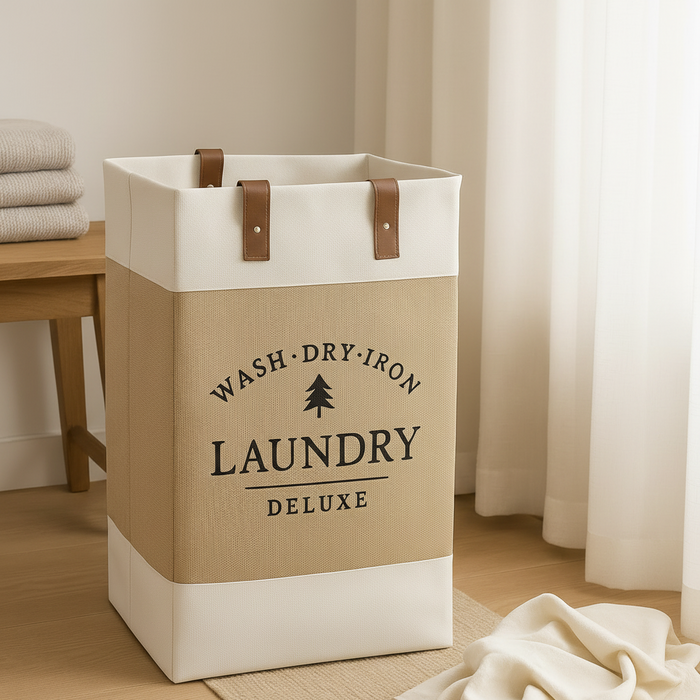 Nest & Stem Homewares Frankly Cotton Laundry Deluxe Hamper with handles, soft white fabric laundry basket with sturdy handles.