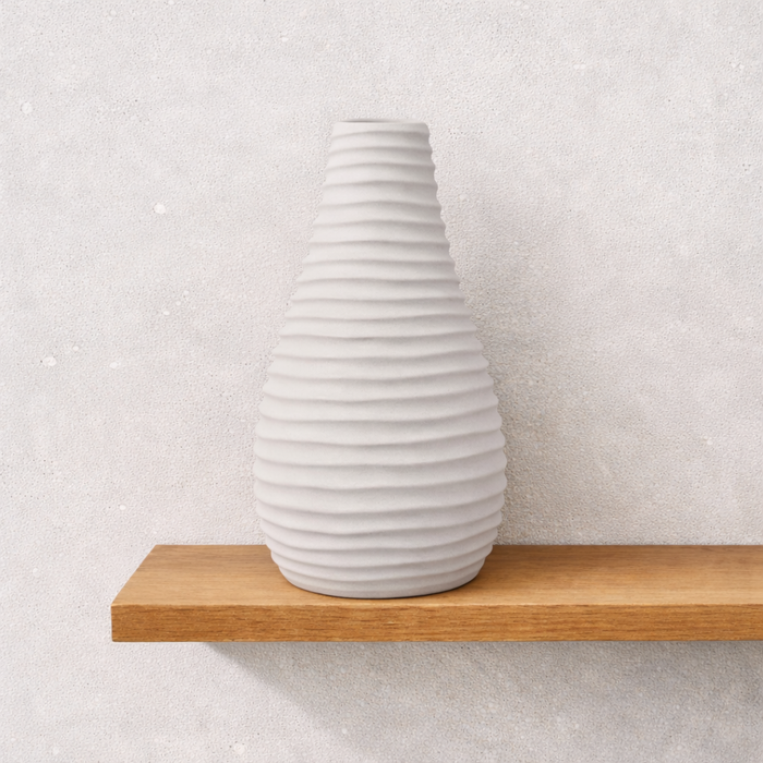White Frankly Cotton minimalist ribbed ceramic vase by Nest & Stem Homewares, showcasing smooth, textured surface suitable for modern decor.