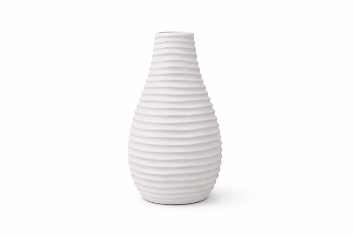 White Frankly Cotton minimalist ribbed ceramic vase by Nest & Stem Homewares, featuring a sleek modern design for home décor.