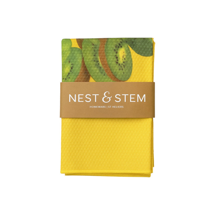 Nest & Stem Homewares Frankly Cotton fruit print tea towel set with waffle weave, featuring colorful fruit designs, 50x70cm.