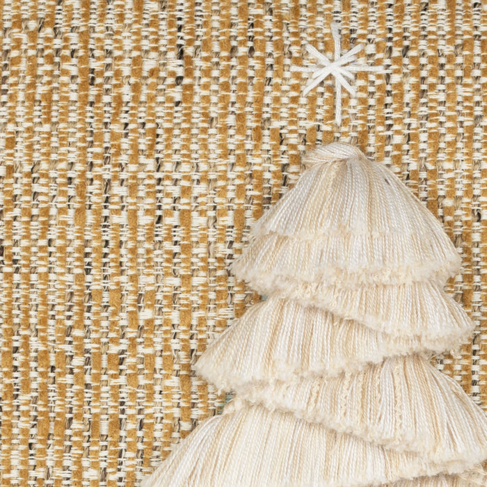 Detail image of Gold textured outdoor pillow with holiday tree motif square size for seasonal patio decor by Elaine Smith