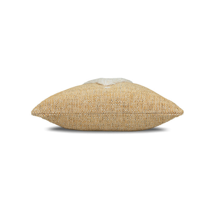 Side image of Gold textured outdoor pillow with holiday tree motif square size for seasonal patio decor by Elaine Smith