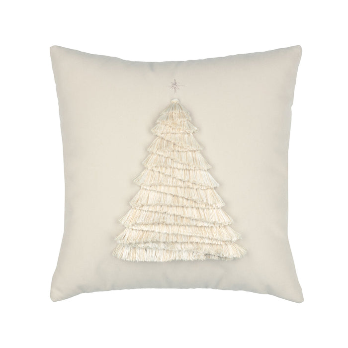 Ivory outdoor pillow with holiday tree motif square size for decorative holiday patio decor