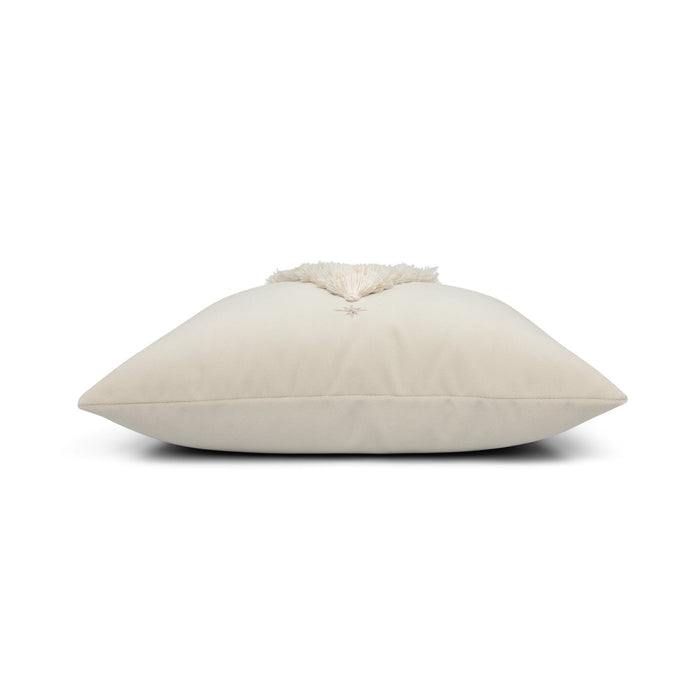 Side image of Ivory outdoor pillow with holiday tree motif square size for decorative holiday patio decor