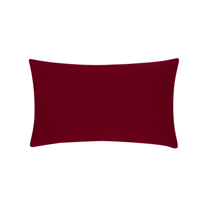 Back image of Ruby Velvet outdoor pillow with holiday tree motif lumbar size for seasonal patio decor by Elaine Smith