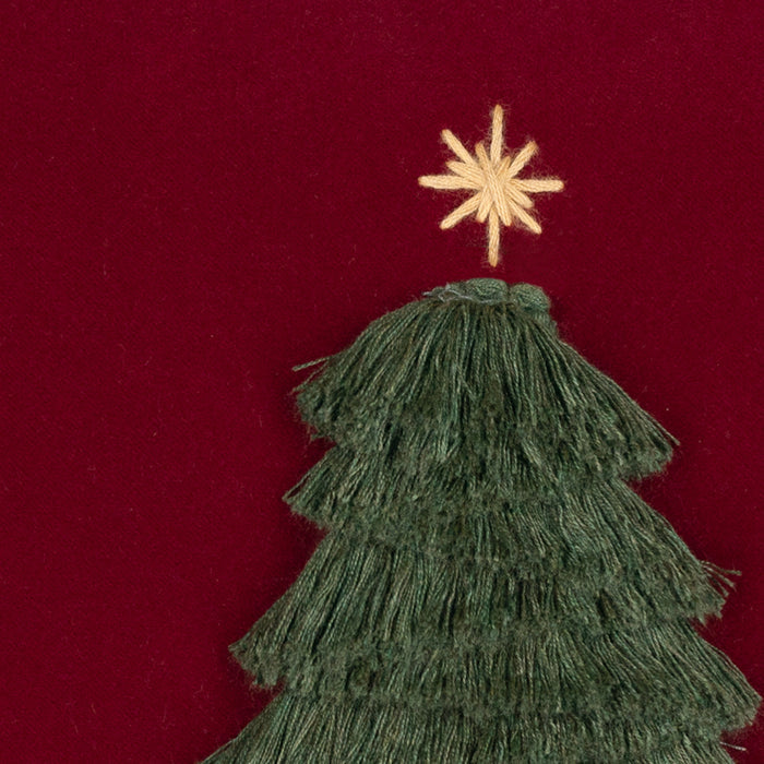 Detail image of Ruby velvet outdoor pillow with holiday tree motif square size for seasonal patio decor by Elaine Smith