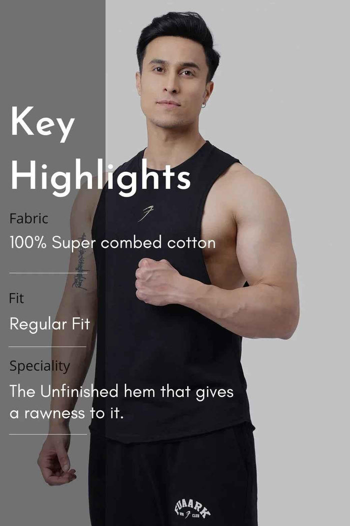 Fuaark Nz Drift Black Deep Cut Muscle Tank top with deep armholes and moisture-wicking fabric for active wear.
