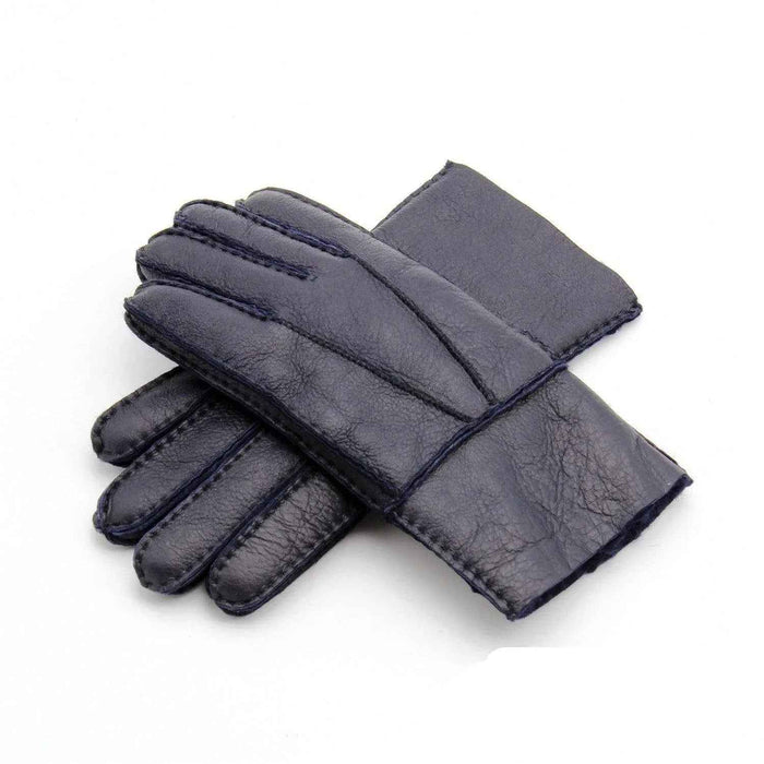 Blue genuine leather gloves with warm sheepskin lining for men, from Mead's Supply & Equipment Outfitters, one size.