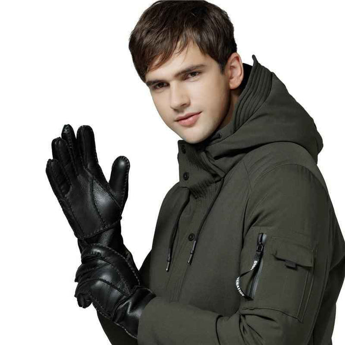 Blue genuine leather gloves with warm sheepskin lining for men, from Mead's Supply & Equipment Outfitters, one size.