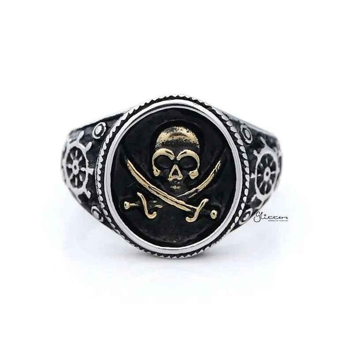 Gold pirate skull and crossbones swords stainless steel men's ring with intricate design, crafted by Glitters.