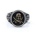 Gold pirate skull and crossbones swords stainless steel men's ring with intricate design, crafted by Glitters.