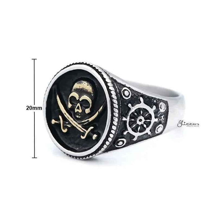 Gold Pirate Skull Crossbones Swords stainless steel men's ring with skull and sword details, detailed jewelry by Glitters