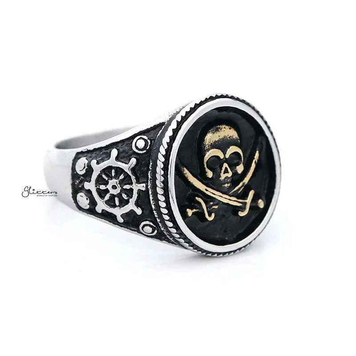 Gold pirate skull and crossbones swords stainless steel men's ring by Glitters featuring detailed pirate-themed design.