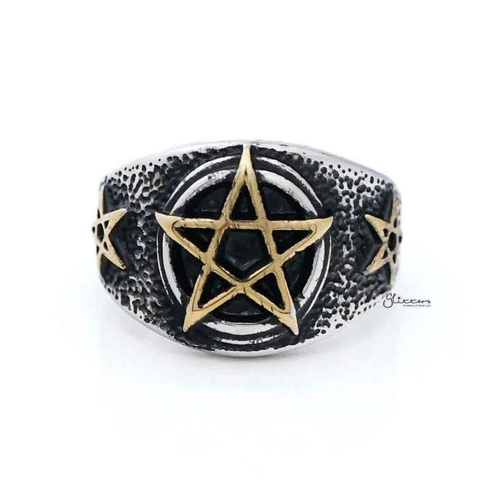 Stainless steel men's ring with gold star symbol, from Glitters, featuring a sleek design and polished finish.