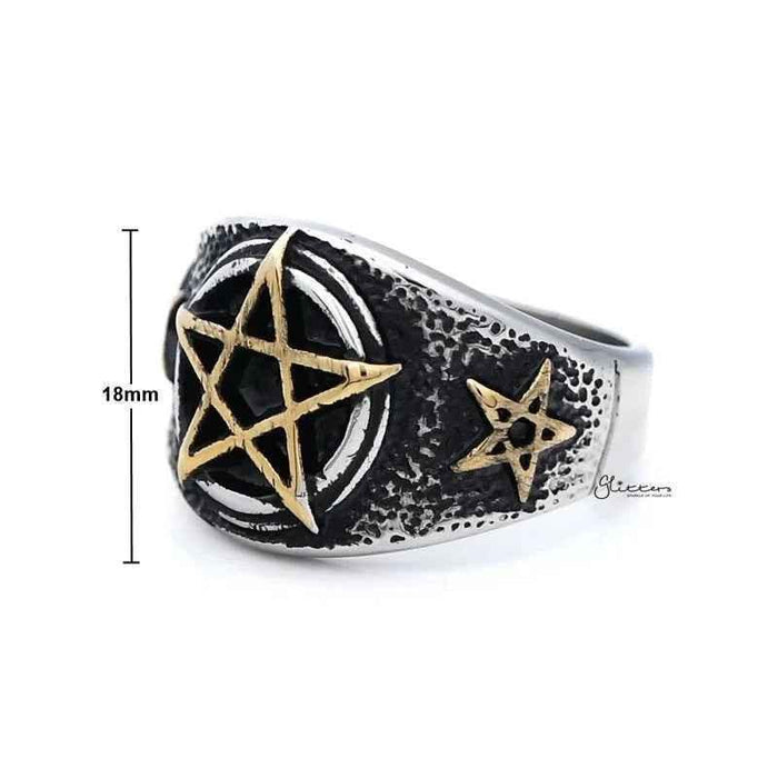 Stainless steel men's ring by Glitters featuring a gold star symbol design, sleek and modern jewelry accessory.
