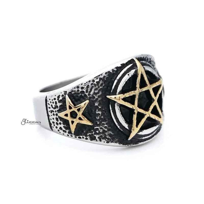 Gold star symbol stainless steel men's ring by Glitters, featuring a polished stainless steel band with a gold star design.