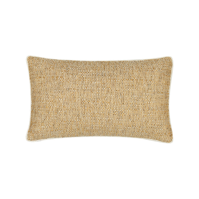 Gold outdoor pillow with woven texture and ivory cording in lumbar size for classic patio decor