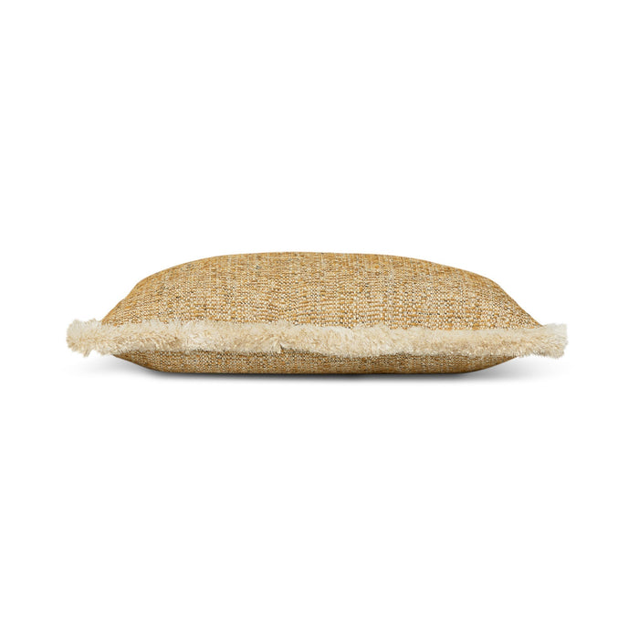 Side image of Golden outdoor pillow with textured finish and ivory fringe in lumbar size for stylish patio decor