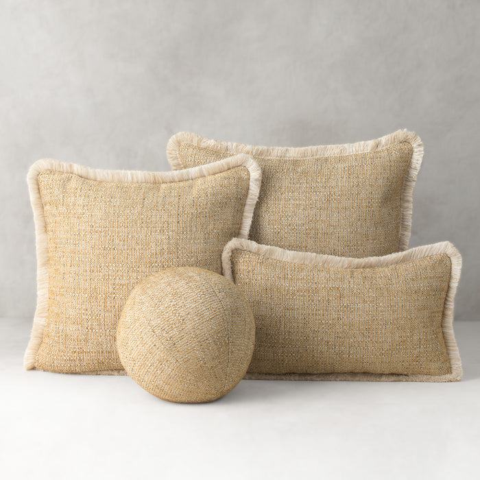 Three beige textured pillows and a round ball on a light gray background- outdoor safe by Elaine Smith