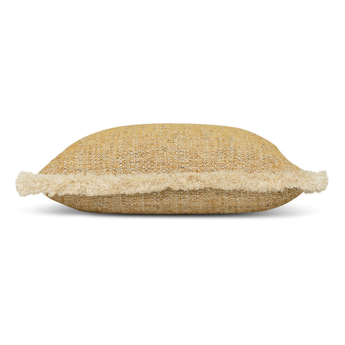 Side image of Golden outdoor pillow with ivory fringe square size for classic patio decor