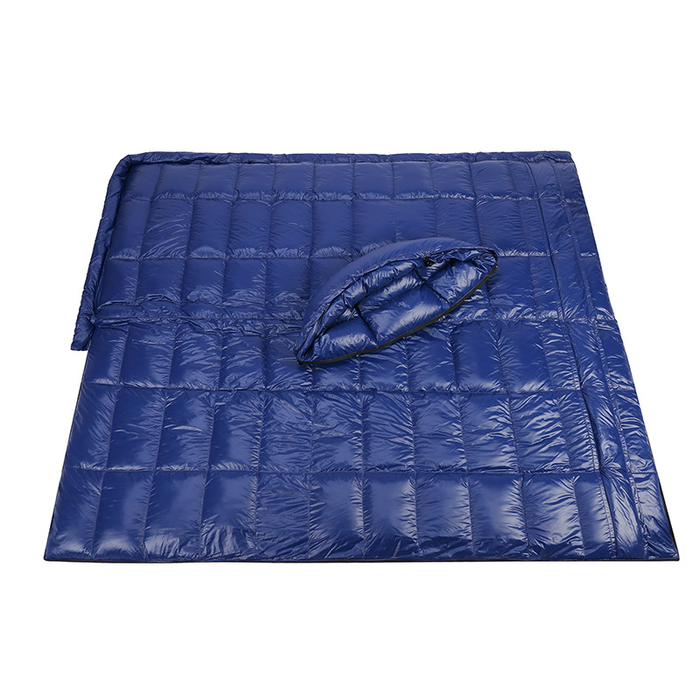 ECOTREK goose down envelope sleeping bag in silver, compact and lightweight for outdoor camping or backpacking trips.