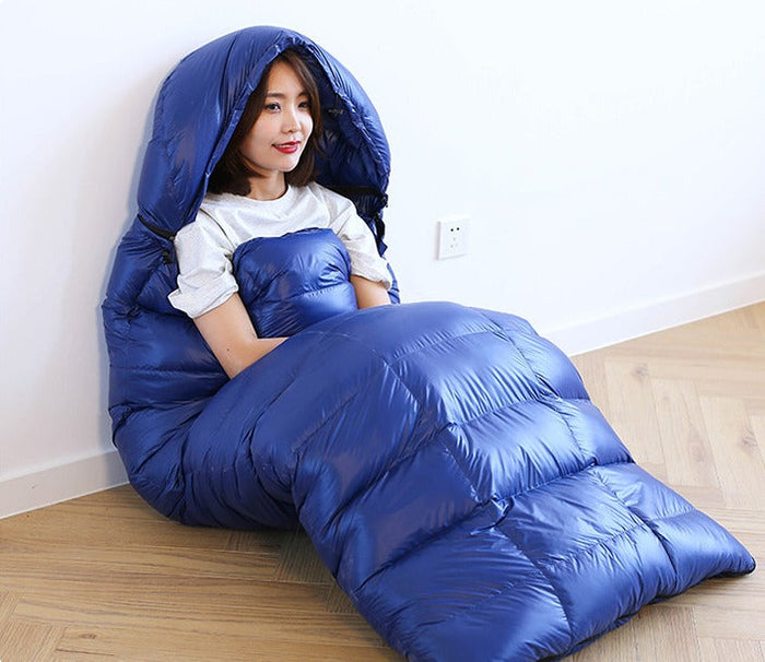 ECOTREK goose down envelope sleeping bag in silver, compact and lightweight for outdoor camping and backpacking.