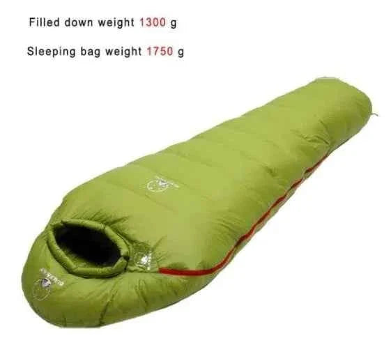 Green goose down sleeping bag by Mead's Supply & Equipment Outfitters, lightweight insulated camping gear for warmth and comfort.