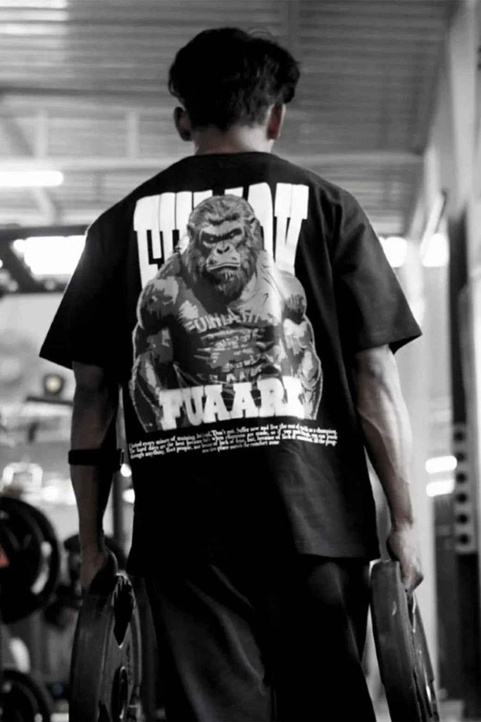 Fuaark Nz oversized black Gorilla T-shirt, heavyweight streetwear fit, relaxed casual style, made of premium fabric.