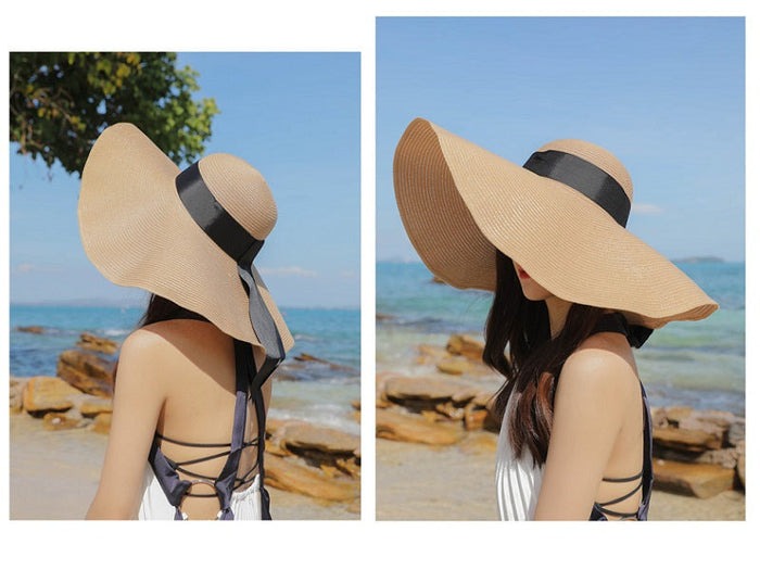 Grey wide brim straw sun hat for women, 16cm brim, floppy derby style, perfect for summer beach, by dealonline.co.nz