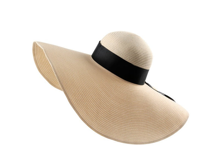 Grey wide brim straw sun hat for women, 16cm floppy derby style, perfect for summer beach or outdoor sun protection.