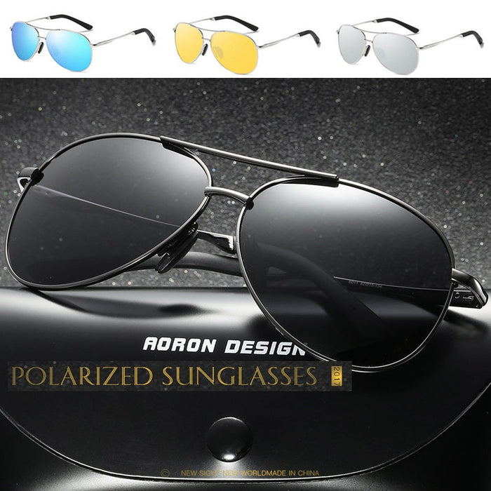 HD polarized sunglasses with anti-blue ray hydrophobic lenses in four colors, shown with case, by dealonline.co.nz