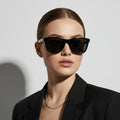 Black sports sunglasses with HD polarized lenses, anti-blue ray coating, hydrophobic finish, designed for active outdoor use.