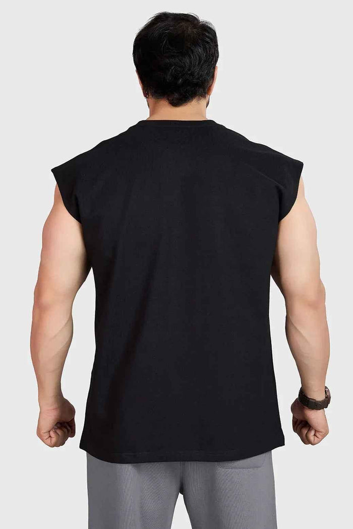 Heavyweight black tank top with cap sleeves from Fuaark Nz, shown on a mannequin, highlighting its fit and fabric texture.