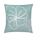 Soft aqua outdoor pillow with solid texture and stitched white flower in square size for soft patio decor by Elaine Smith