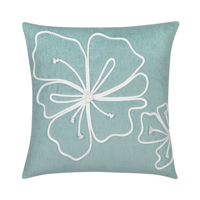 Soft aqua outdoor pillow with solid texture and stitched white flower in square size for soft patio decor by Elaine Smith