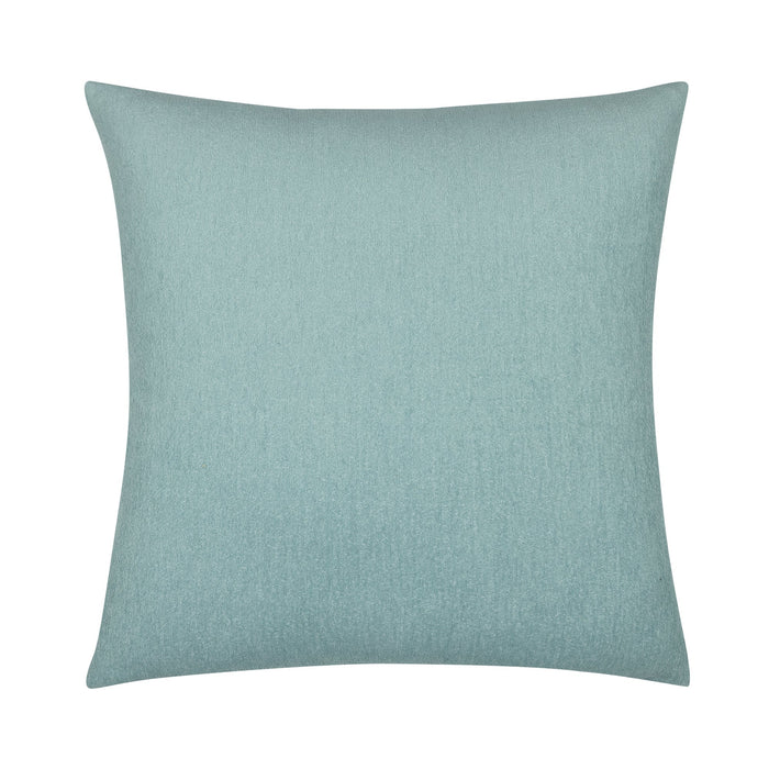 Back image of Soft aqua outdoor pillow with solid texture and stitched white flower in square size for soft patio decor by Elaine Smith