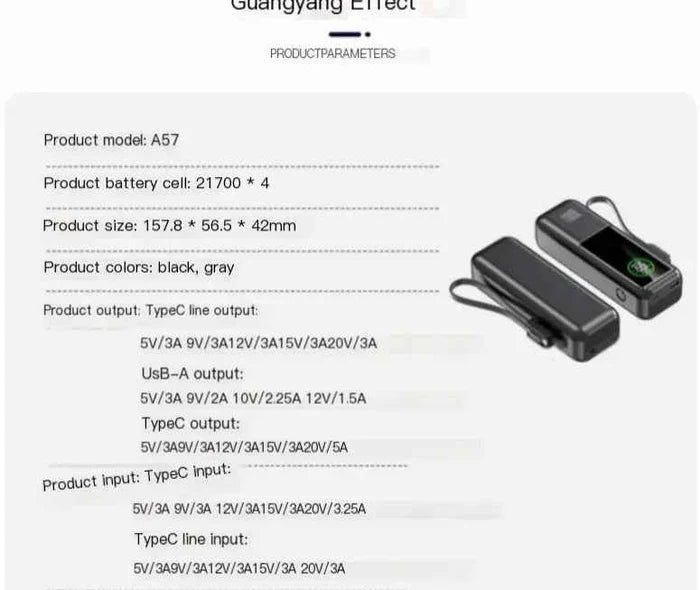 Black high-capacity fast charging power bank by Mead's Supply & Equipment Outfitters, model A57, with USB ports and digital display.