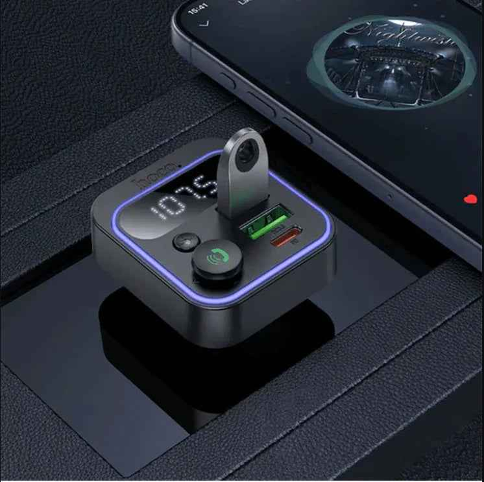 Techplus Hoco 38W FM car kit with Bluetooth 5.4, PD+QC fast charging, RGB light, and compact design for in-car audio and charging.