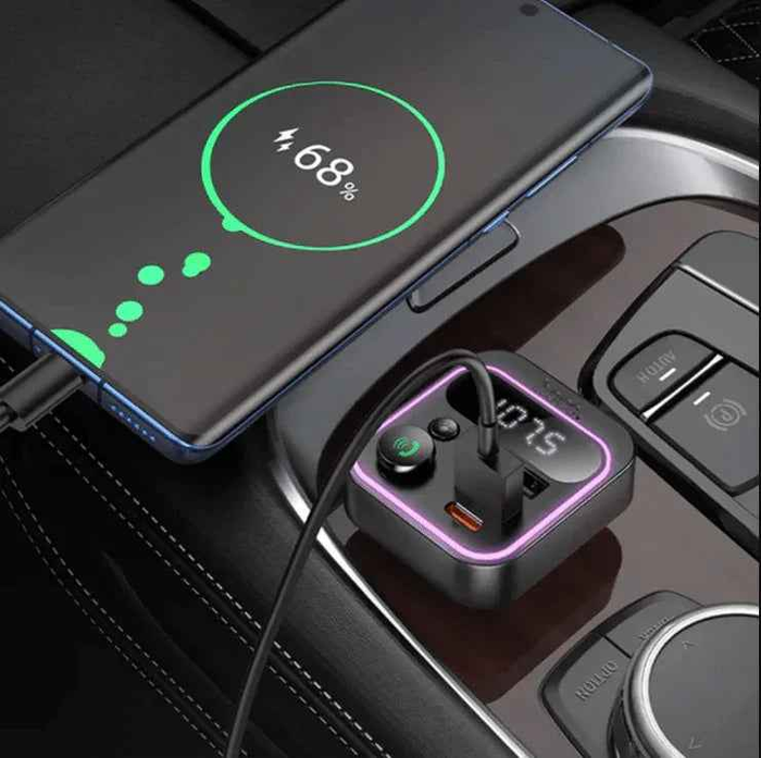Techplus Hoco 38W FM car kit with RGB light, PD and QC fast charging, Bluetooth 5.4 car charger for vehicles.