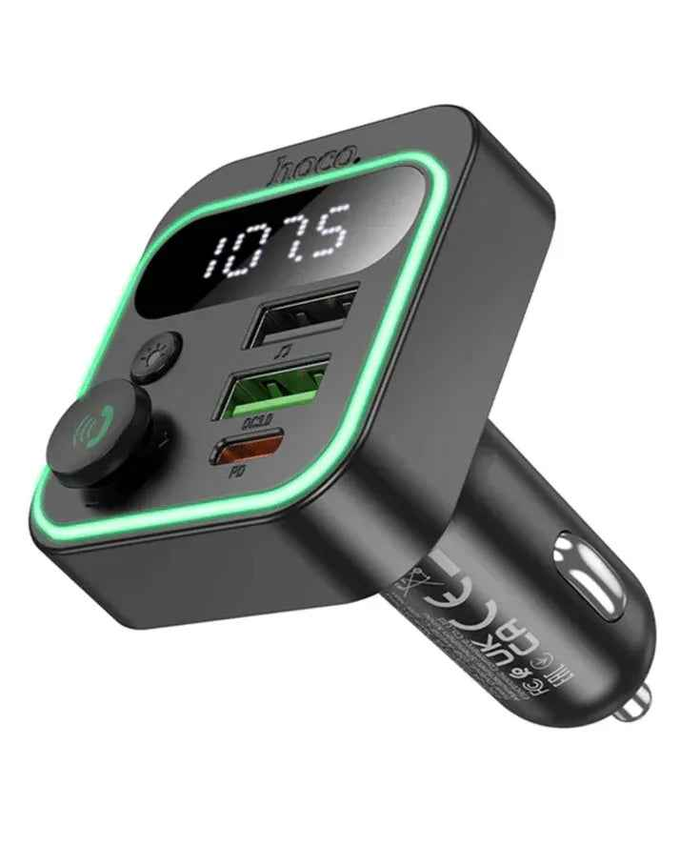Techplus Hoco 38W FM car kit with PD+QC, RGB light, Bluetooth 5.4 car charger for seamless in-car audio and charging.