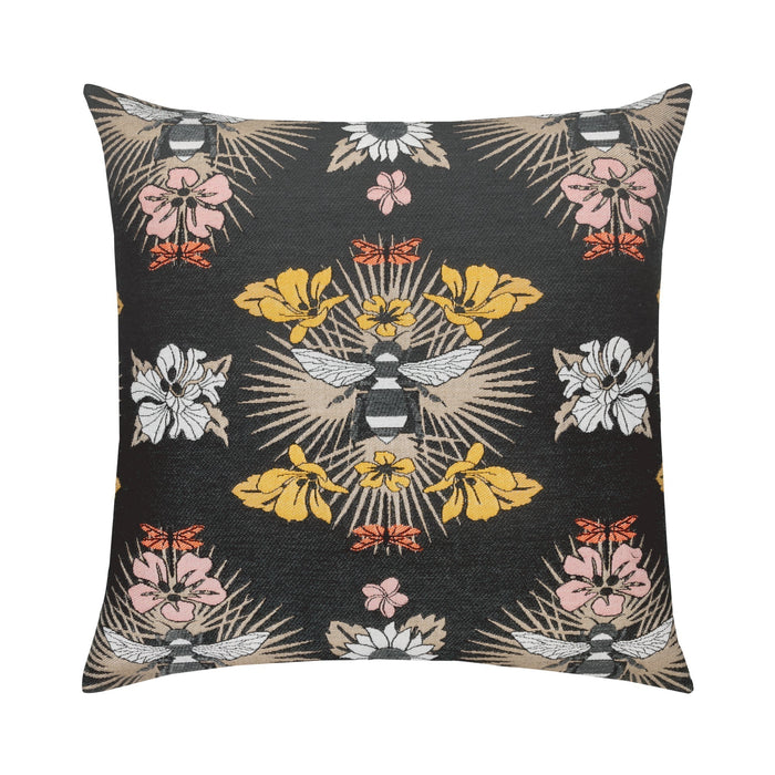 Black outdoor pillow with botanical bee pattern square size for dramatic patio decor
