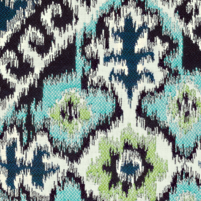 Detail image of Aquamarine and navy ikat patterned outdoor pillow double sided lumbar size for transitional patio decor