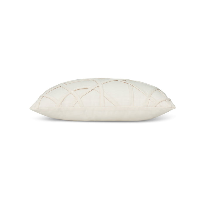 Side image of Ivory outdoor pillow with solid texture lumbar size for sophisticated patio decor