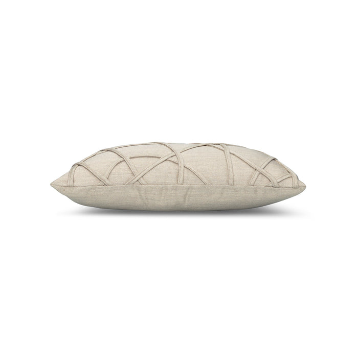 Side image of Linen outdoor pillow with solid texture lumbar size for warm patio decor
