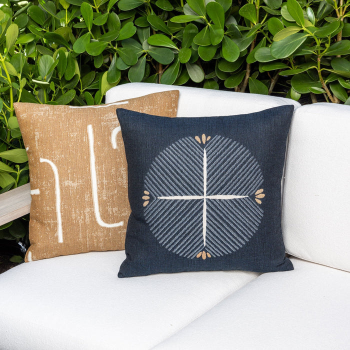 Luxury blue and white modern patterned accent pillow on a outdoor sofa, featuring tailored seams for a polished look to complete indoor and outdoor decor by Elaine Smith